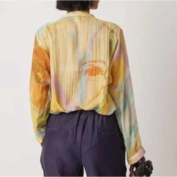 Yavi Chanderi Summer Labile Button Front Shirt in Yellow Multi Color - Size M - Picture 3 of 9